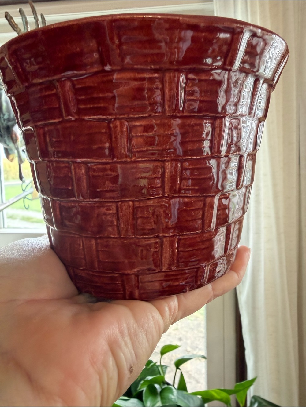 Glossy Deep Red Ceramic Planter with Basketweave Texture